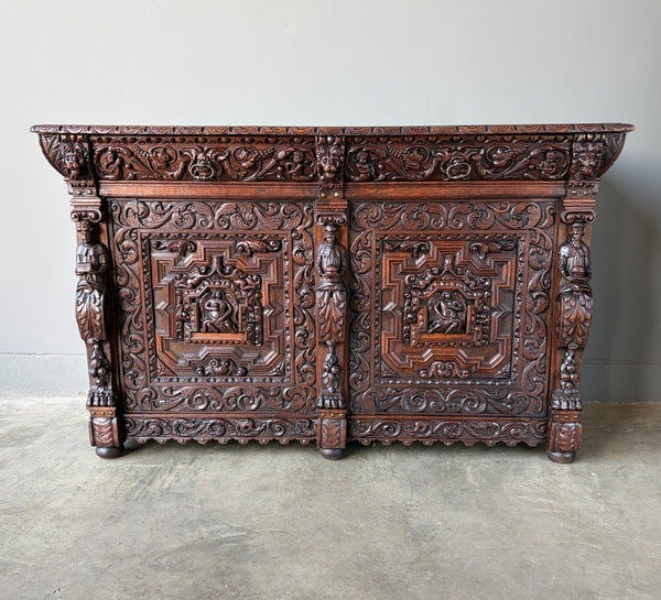 1700's Antique French Renaissance Sideboard in Solid Wood Oak Highly Carved