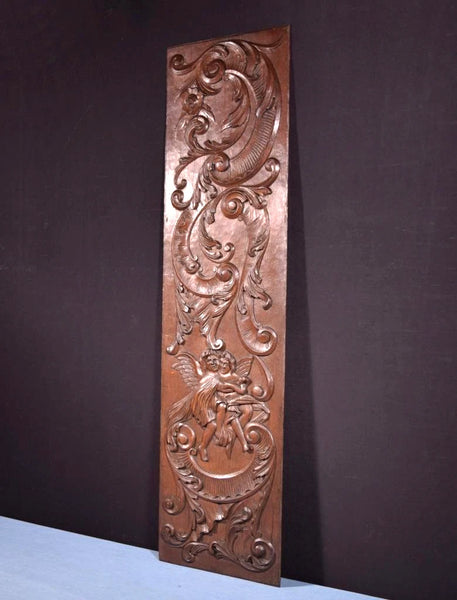49" Tall French Antique Deep Carved Louis XV Panel Solid Oak Wood with Cherubs