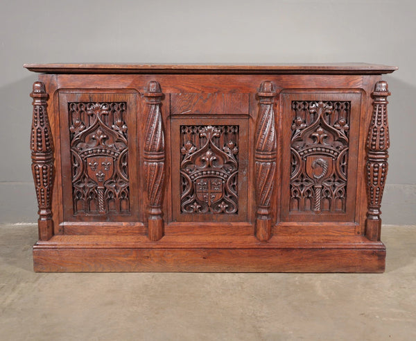 Antique French Gothic Chest/Trunk in Solid Oak Wood With Detailed Carvings
