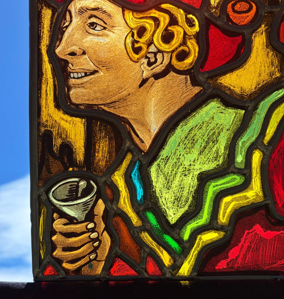 13" Tall Vintage Belgian Stained/Leaded Glass Panel of a Man with Bells