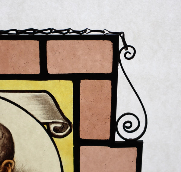 13" Tall Antique French Stained/Leaded Glass Panel w/ Portrait Rembert Dodoens