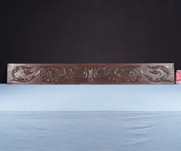 59" Wide Large Antique French Solid Oak Wood Panel/Crest Pediment w/Carvings