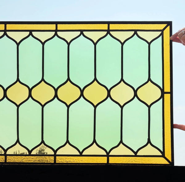 45" Wide French Antique Stained Glass Window Panel with Green & Yellow Glass