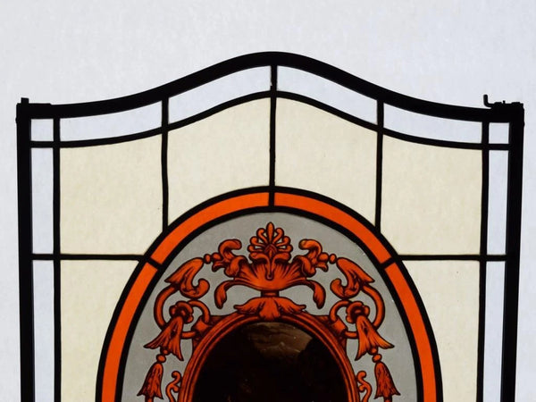 Brass Framed Antique French Stained Glass Panel with Mountain Pass Scene