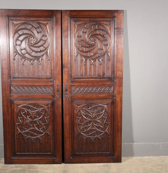 64" Tall Pair of French Antique Neo Gothic Cabinet Doors Solid Oak Wood