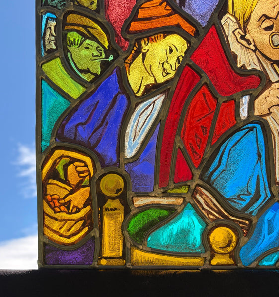 15" Tall Vintage Belgian Stained/Leaded Glass Panel Of a Doctor Operating