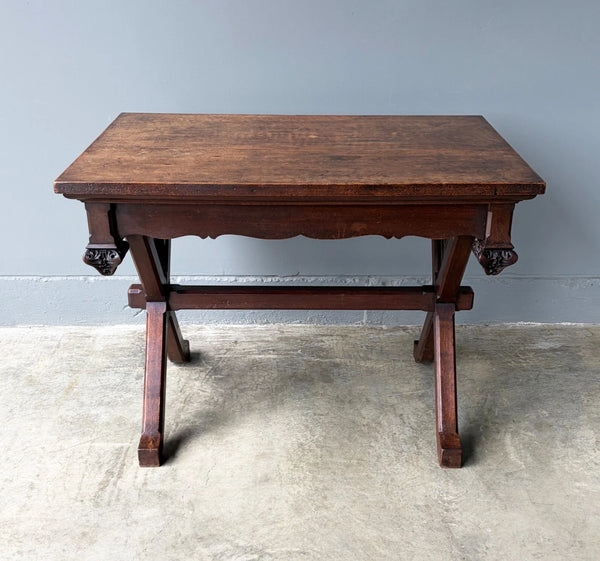 Antique French Gothic Desk/Library Table in Chestnut/Walnut Wood with Drawer