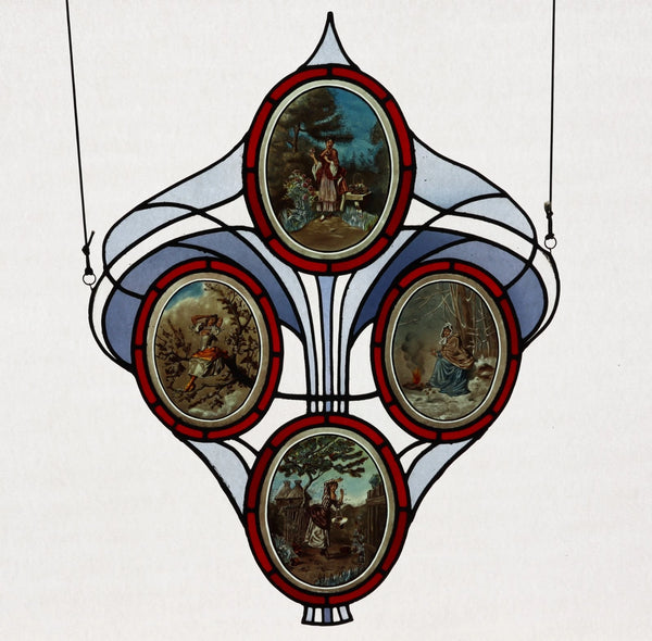 38" Tall Large Antique French Art Nouveau Stained/Leaded Glass Panel 4 Seasons