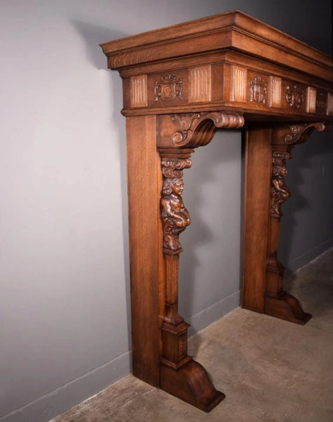 82" Large Vintage Renaissance Revival Oak Fireplace Surround/Mantel w/Figures