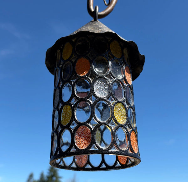 9" Tall Vintage French Iron and Stained Glass Hanging Chandelier/Pendant Lamp