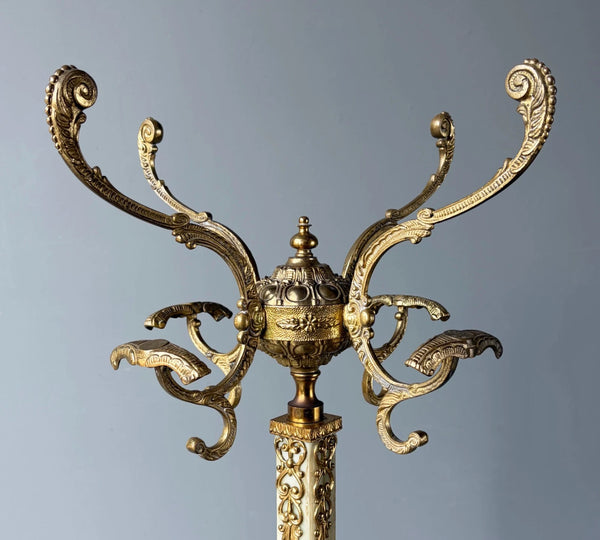 67" Tall Ornate Vintage Brass & Onyx Marble Coat/Hat Rack Hall Tree/Stand
