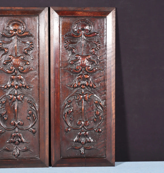 21" Tall Pair of Antique French Solid Walnut Wood Highly Carved Panels
