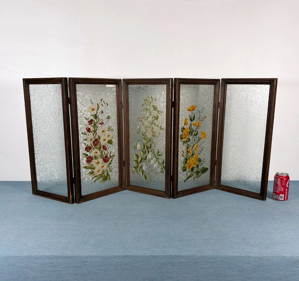 21" Tall Antique French Hand Painted Folding Glass Screen with Flowers
