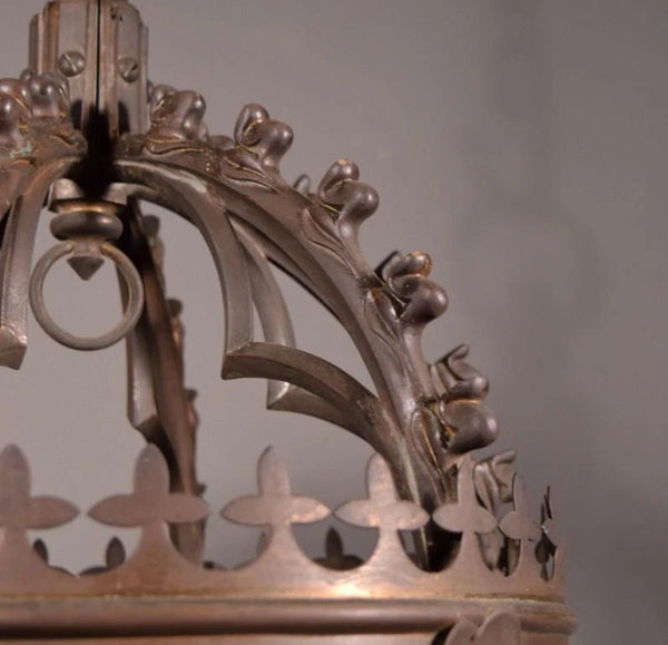 Antique Gothic French Bronze Crown Chandelier Pendent Hanging Lamp