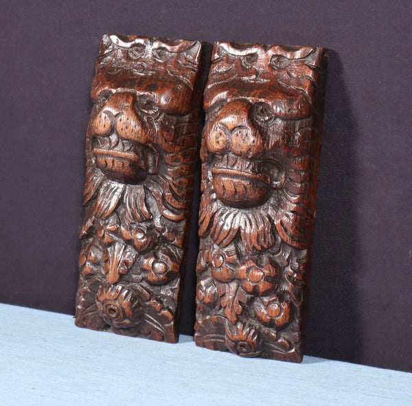 Pair of 8" French Antique Highly Carved Lion Corbels/Trim/Brackets Solid Oak