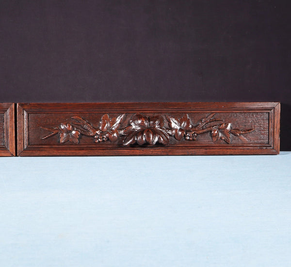 Pair of Antique Black Forest Carved Drawer Panels/Trim in Solid Oak Wood