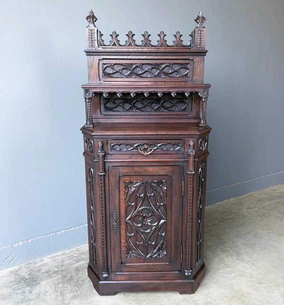Antique French Gothic Revival Cabinet/Console/Sideboard,Highly Carved Oak
