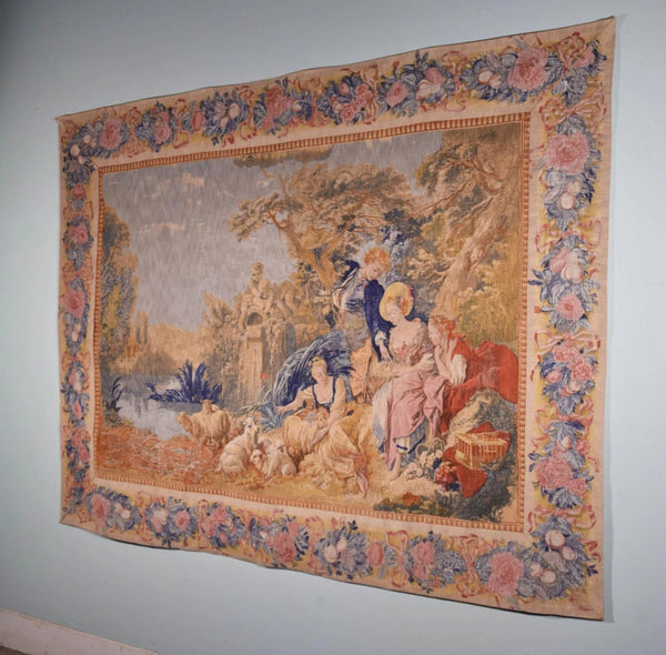 8 Foot Wide Vintage French Hanging Tapestry After Francoise Boucher's "The Nest"