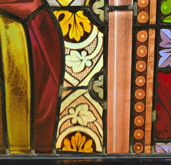 38" Wide Antique Stained/Leaded Glass Panel of Saint Highly Detailed