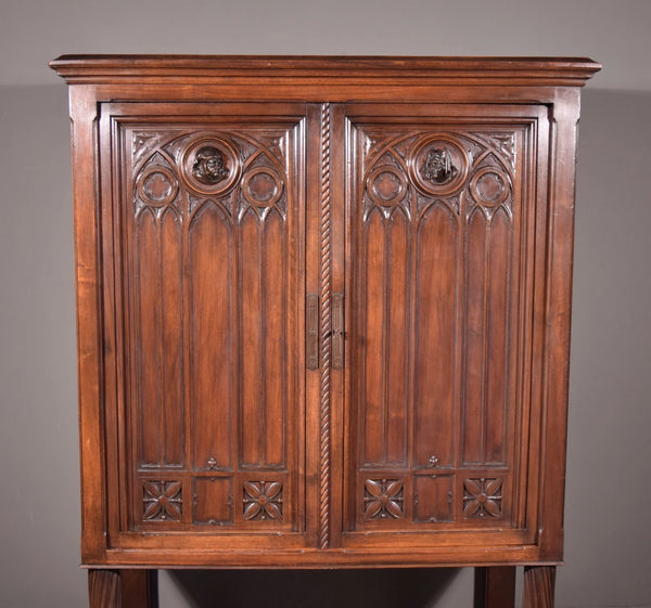 Large Antique French Gothic Revival Cabinet Highly Carved in Walnut Wood