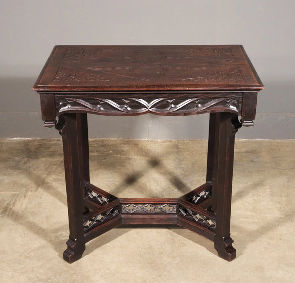 Antique French Gothic Revival Table in Solid Chestnut Wood With Carvings