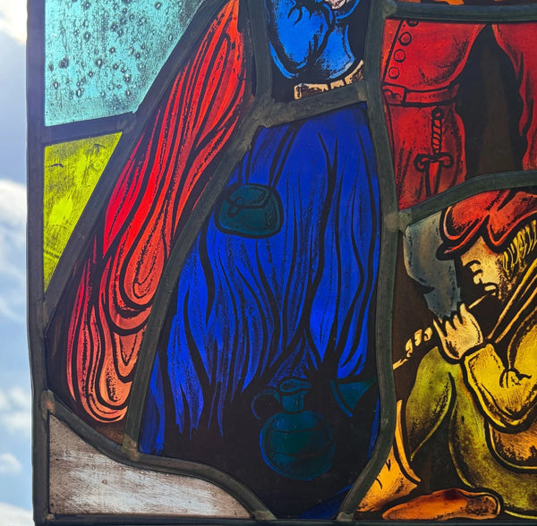 15" Tall Vintage Belgian/Flanders Stained/Leaded Glass Panel of Thyl and Nele