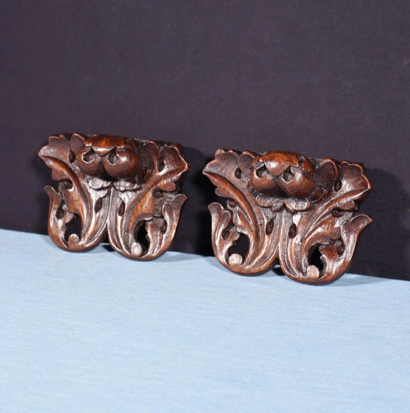 Pair of 3" French Antique Highly Carved Trim/Brackets/Corbels Solid Oak Wood