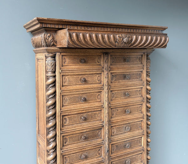 77" Tall Antique French Apothecary Cabinet Solid Oak Carved with Compartments