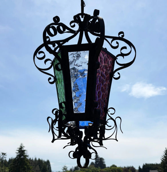 25" Tall French Antique Iron and Stained Glass Hanging Chandelier/Pendant Lamp