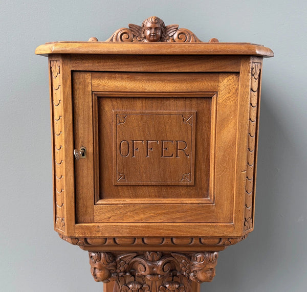 Antique French Donation Box Christianity with Angel Carvings in Solid Mahogany