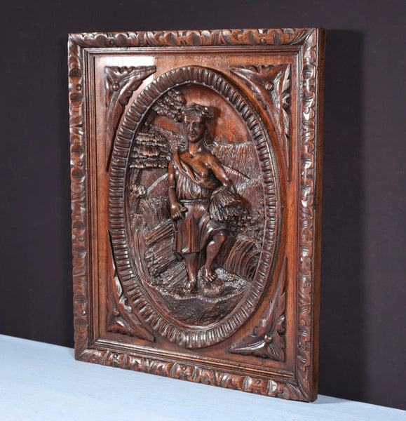 24" Tall Antique French Solid Oak Panel Highly Carved Harvest Theme w/Woman