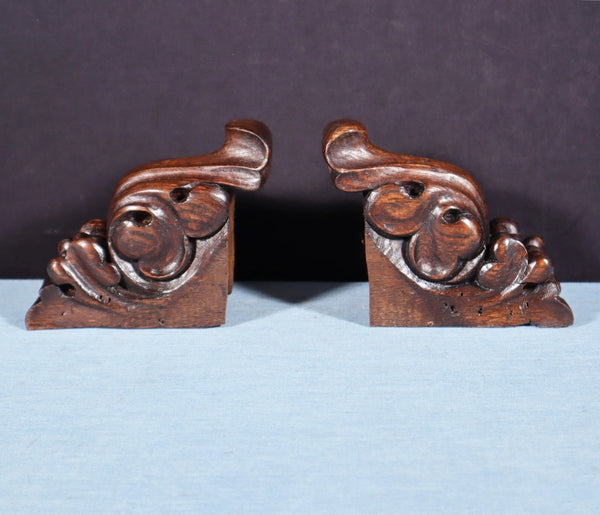 Pair of 5" Tall French Antique Highly Carved Trim/Corbels Solid Oak Wood