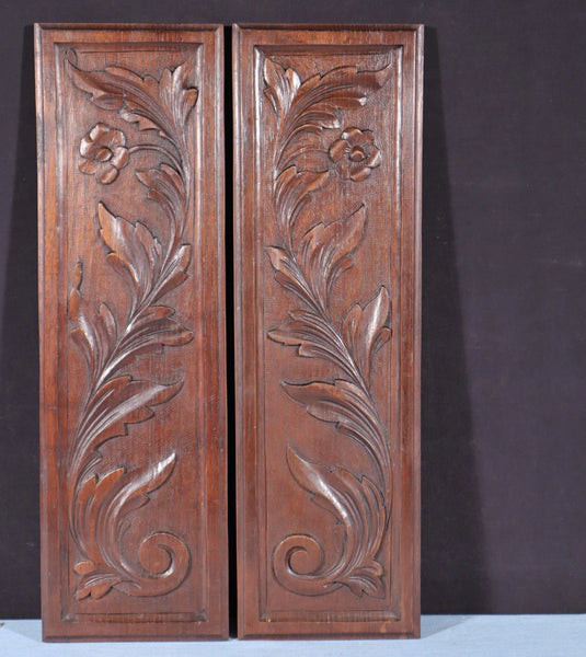 Pair of Antique French Solid Chestnut Wood Highly Carved Panels with Flowers