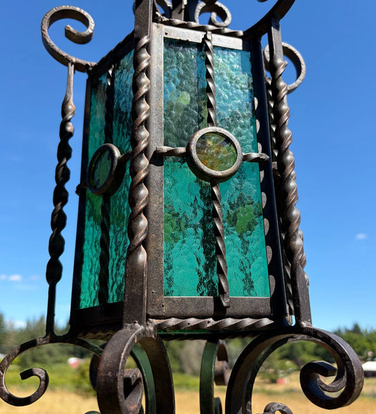 20" Tall Vintage French Iron and Stained Glass Hanging Chandelier/Pendant Lamp