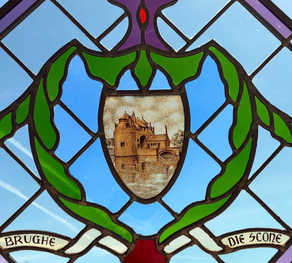 31" Tall Vintage Belgian/Flanders Stained/Leaded Glass Panel of Bruges Belgium