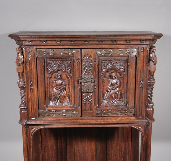 Antique French Gothic Revival Cabinet Highly Carved in Oak Wood w/Figures