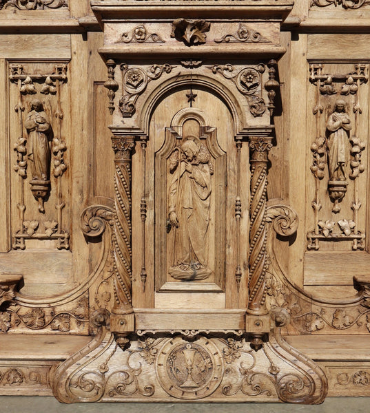 84" Wide Antique French Renaissance Revival Altar/ Tabernacle Highly Carved Oak
