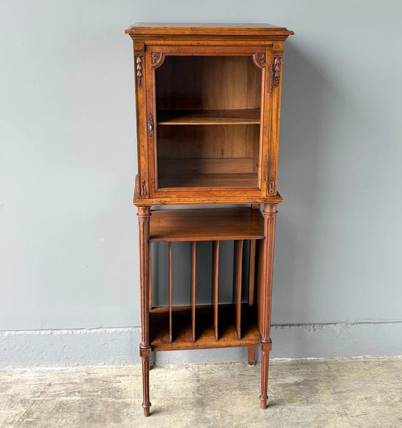 French Antique Narrow Walnut Bookcase/Display Case with Locking Door