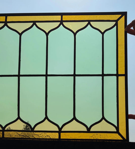 40" Wide Antique French Stained Glass Window Panel with Green & Yellow Glass