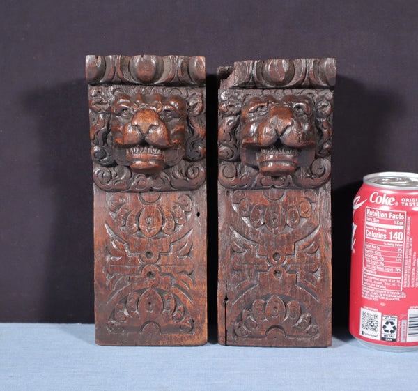 Pair of 8" French Antique Highly Carved Lion Corbels/Trim/Brackets Solid Oak