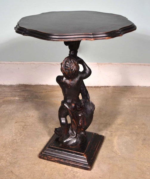 Vintage French Pedestal Table/Stand Black Lacquer Painted with Boy