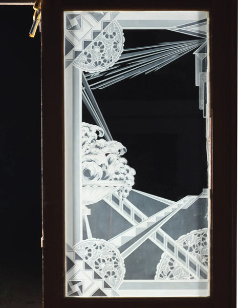 Pair of Antique French Art Deco Etched Glass Doors Frosted Glass w/Pine Frames