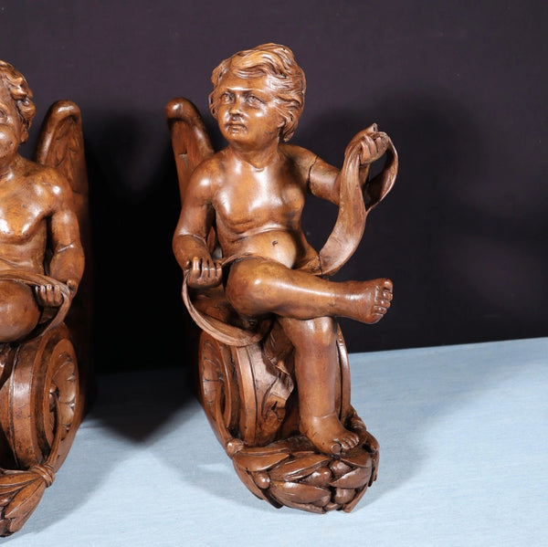13" Tall Pair of French Antique Solid Walnut Wood Highly Carved Cherubs