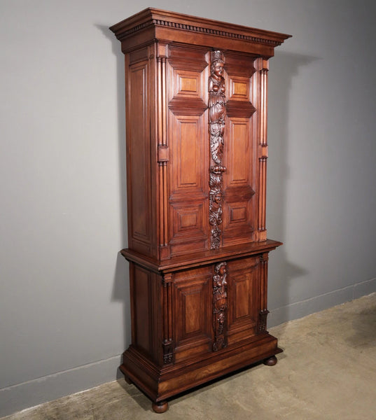 French Antique Solid Walnut Wood Neoclassical Gun Case/Cabinet with Carvings