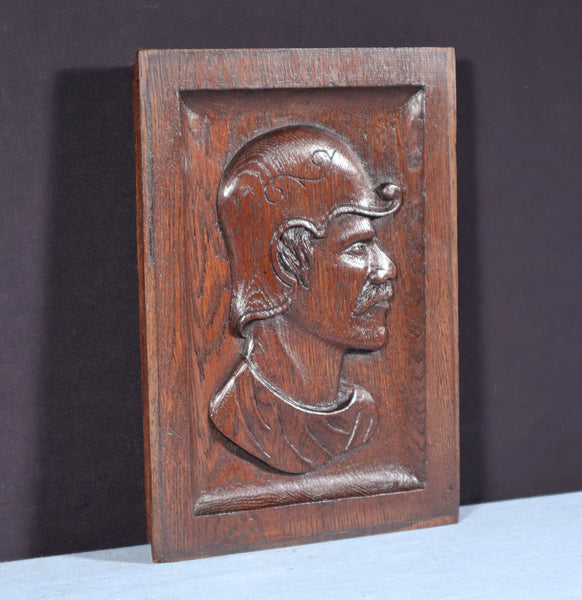 12" Tall Antique French Solid Oak Wood Hand Carved Portrait Profile of a Man