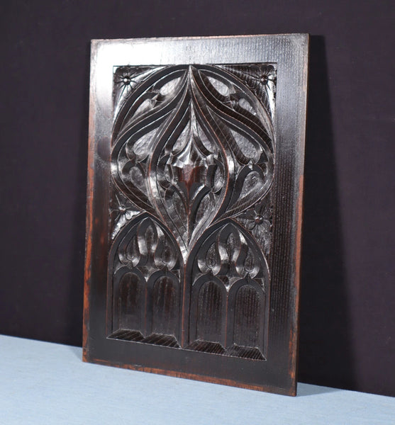 French Antique Gothic Revival Panel in Solid Chestnut Wood Salvage Late 1800's