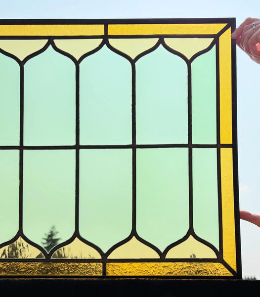 39" Wide Antique French Stained Glass Window Panel with Green & Yellow Glass