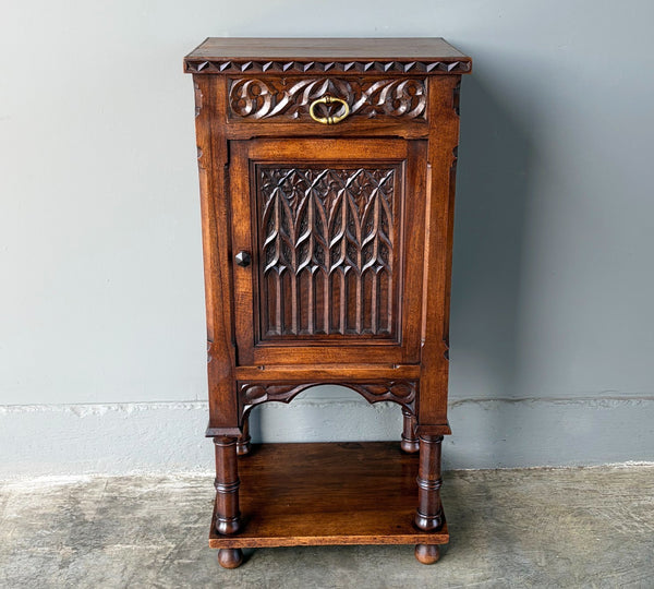 Antique French Gothic Solid Walnut Night Stand/Cabinet With Detailed Carvings