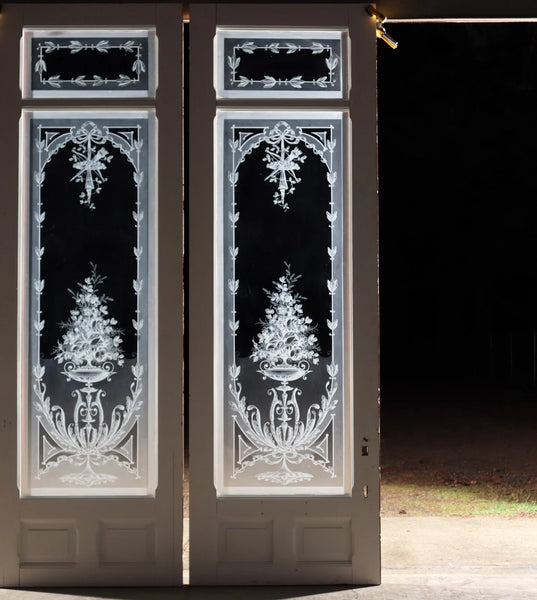 87" Tall Pair of Antique French Etched Glass Windows Frosted Glass with Flowers