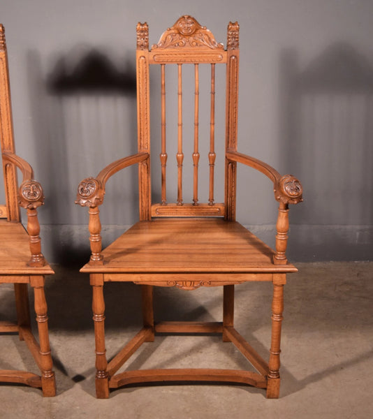 Pair of Antique Renaissance Revival Arm Chairs Solid Walnut Hand Carved Jesters
